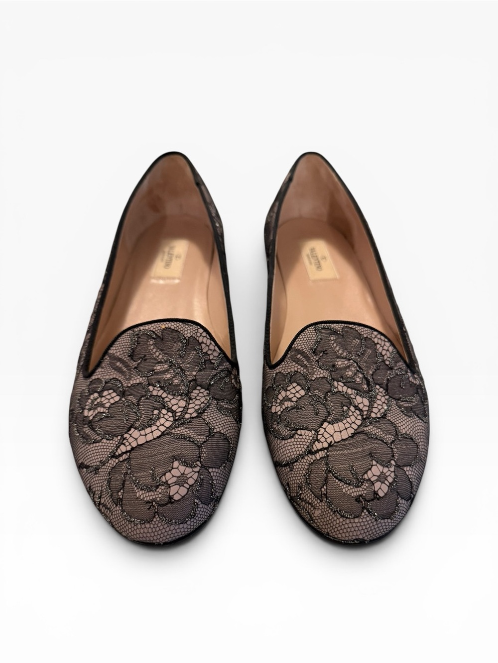 Valentino Garavani caviar crystal lace embellished smoking flats